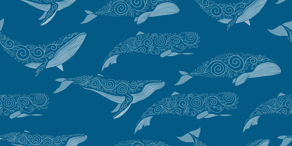 Wilde walvissen met etnische versieringen. Naadloos patroon voor uw ontwerp - Vector, afbeelding