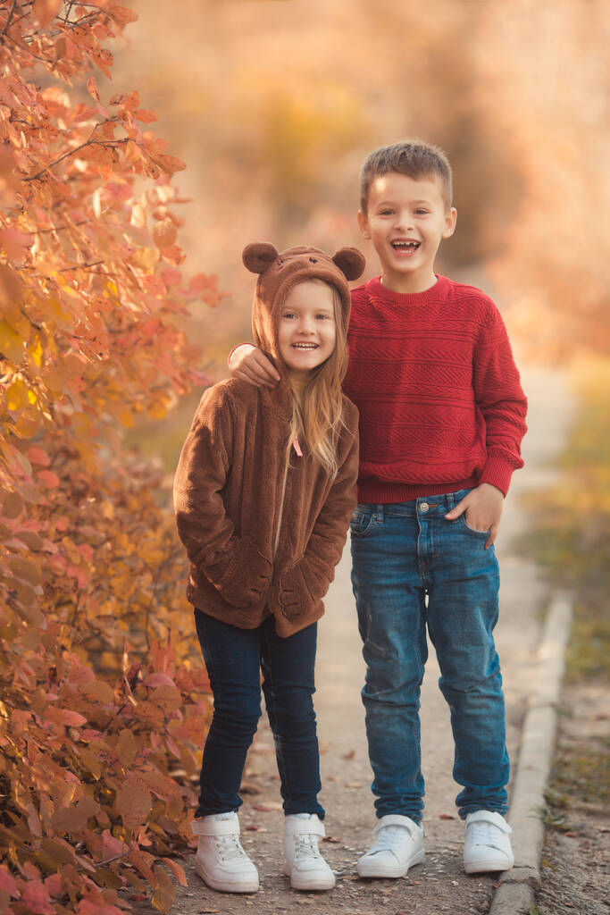 Щасливі друзі обіймаються на прогулянці в осінньому парку. Портрет кавказької сестри і брата в красивих вбраннях на сонячний осінній день у лісі. Концепція сімейного життя
. - Фото, зображення