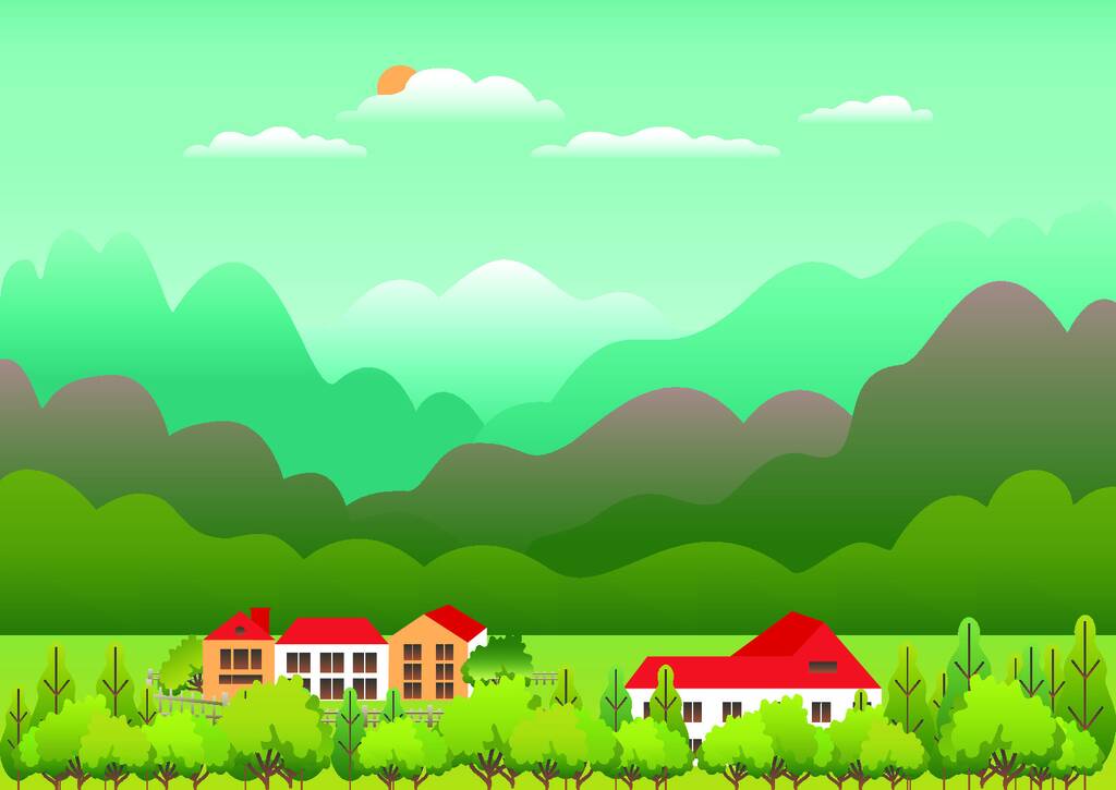 Hills a hory krajina, dům farma v plochém stylu designu. Venkovní panorama krajiny ilustrace. Zelené pole, strom, les, modré nebe a slunce. Umístění na venkově, kreslený vektor pozadí - Vektor, obrázek