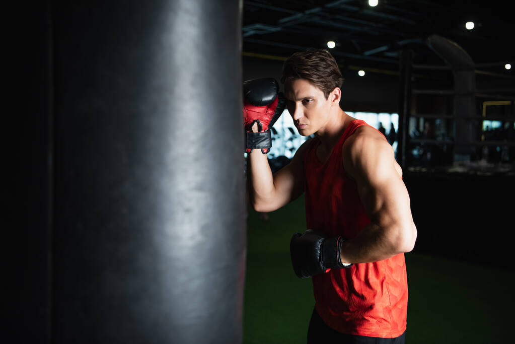 Sportler in Boxhandschuhen trainiert mit Boxsack im Fitnessstudio - Foto, Bild