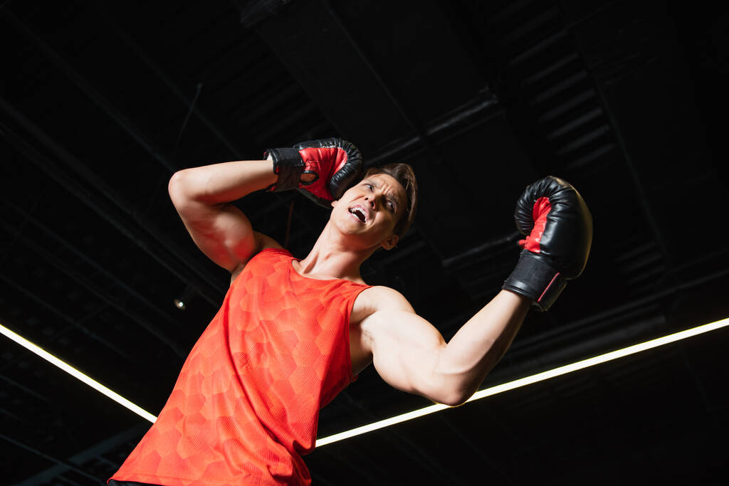 matala kulma näkymä nyrkkeilijä huutaa kun koulutus urheilukeskuksessa - Valokuva, kuva