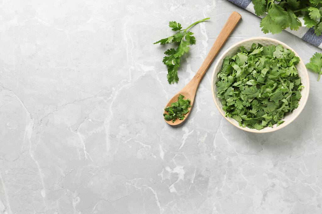 Fresh green cilantro on light grey marble table, flat lay. Space for text - Photo, Image