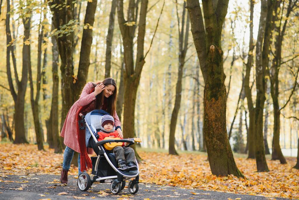 若い美しい母親は秋の公園で彼女の最愛の息子と散歩に時間を過ごします. - 写真・画像