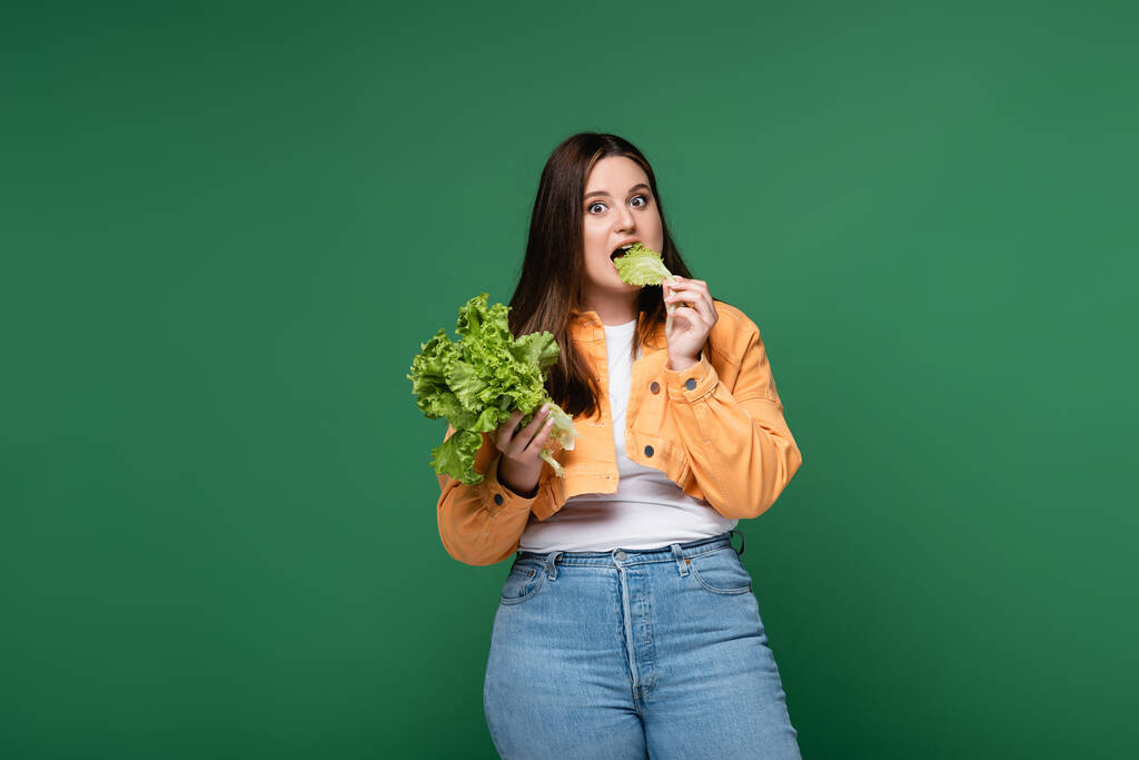 Mujer joven con sobrepeso comiendo lechuga aislada en verde - Foto, imagen
