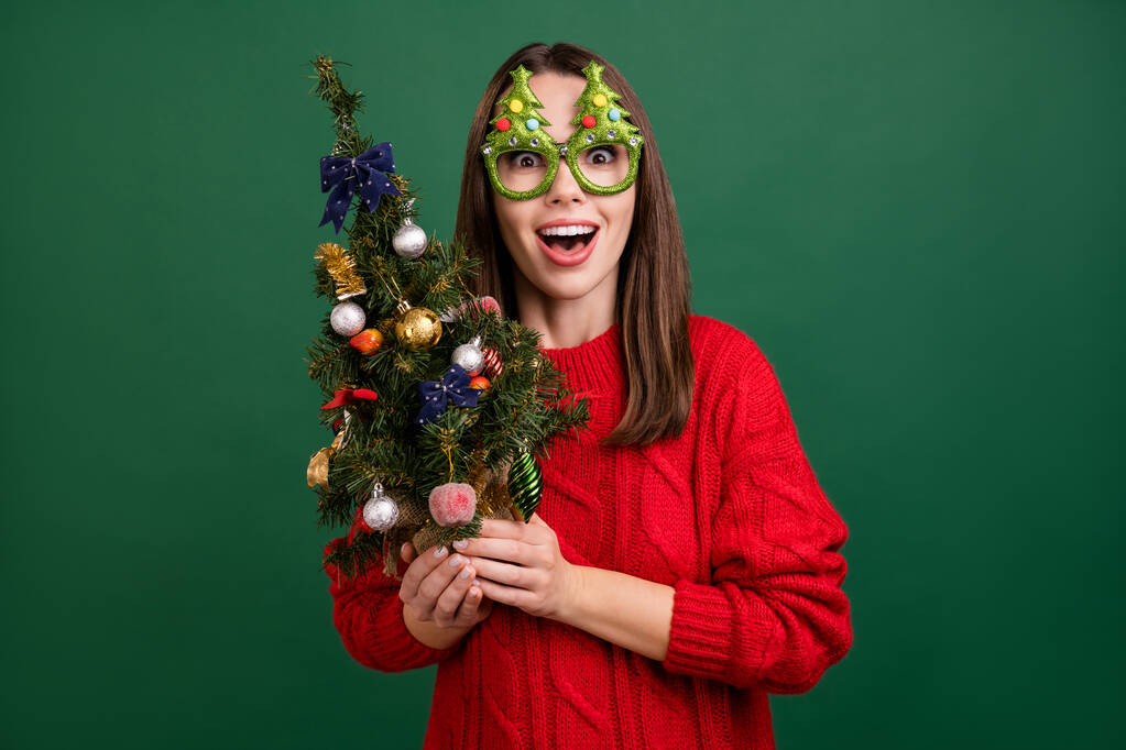 Foto de niña feliz sonrisa positiva usar anteojos árbol de hoja perenne vacaciones de Navidad aislado sobre fondo de color verde - Foto, imagen