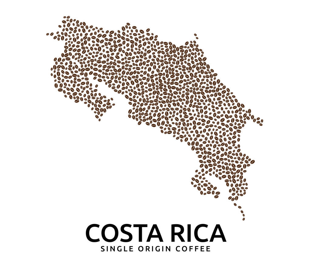 Σχήμα του χάρτη της Κόστα Ρίκα από διάσπαρτα φασόλια καφέ, όνομα της χώρας παρακάτω - Διάνυσμα, εικόνα