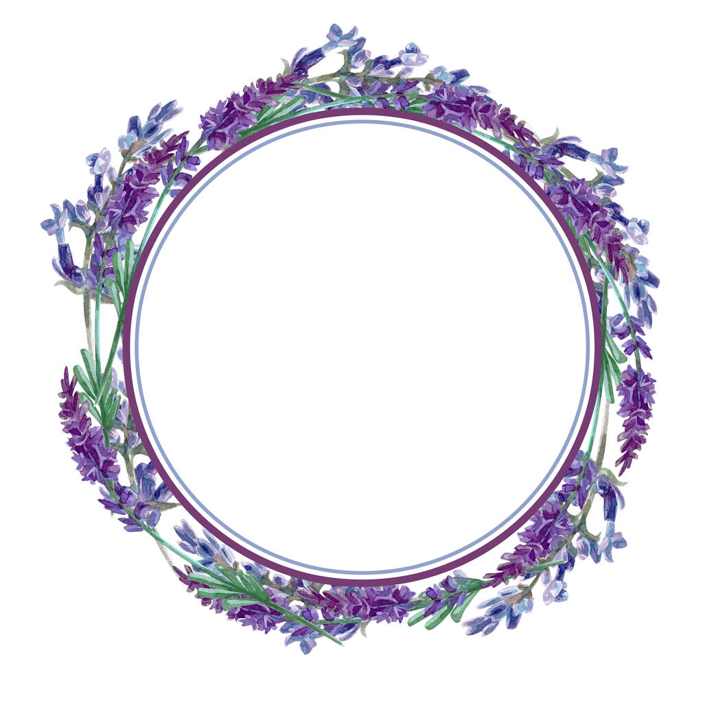 Aquarell-Rundrahmen mit Lavendel auf weißem Hintergrund - Foto, Bild