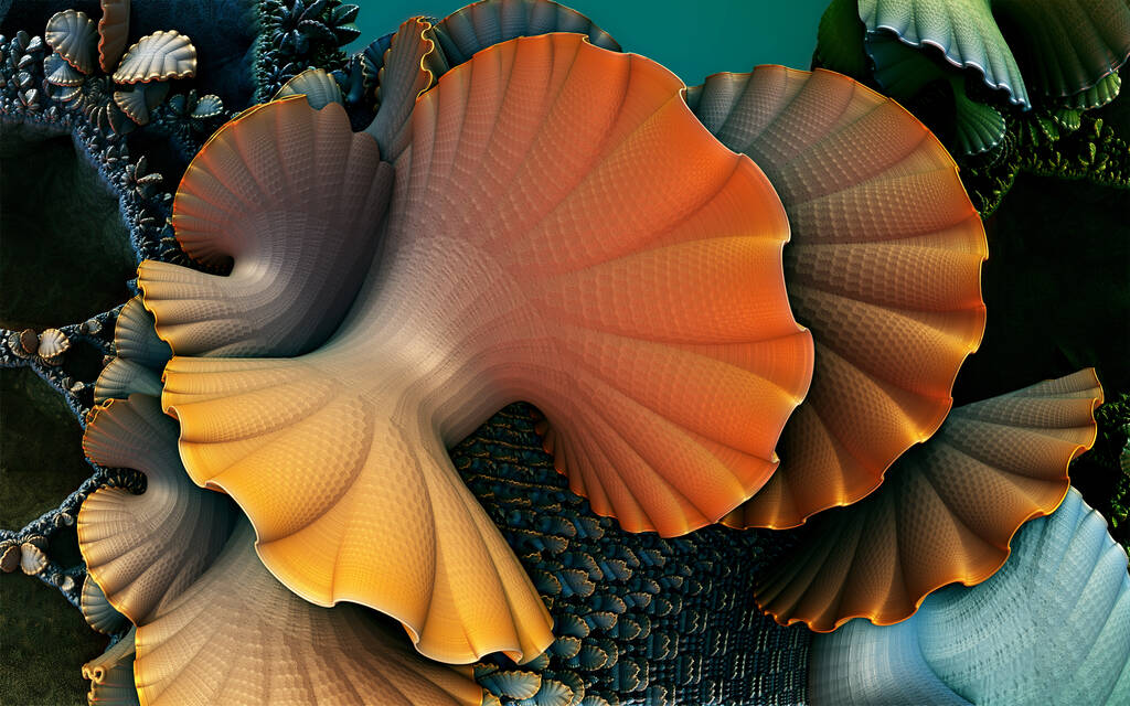 Abstract achtergrond, fantastische 3D vormen, onderwater oranje schelpen, fictieve weergave illustratie. - Foto, afbeelding