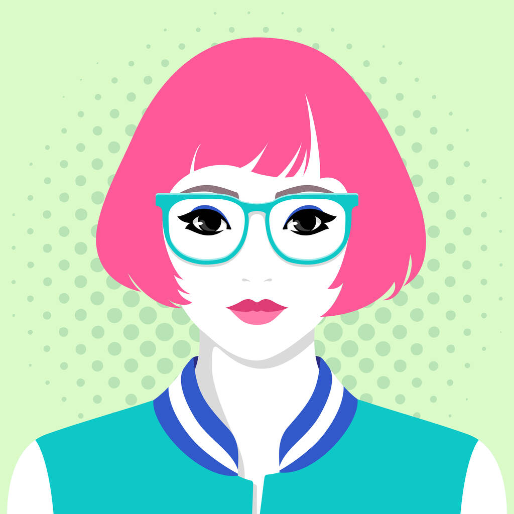 Красочные векторные иллюстрации красивой молодой женщины с розовой прической Боб носить очки на пунктирном фоне - Вектор,изображение