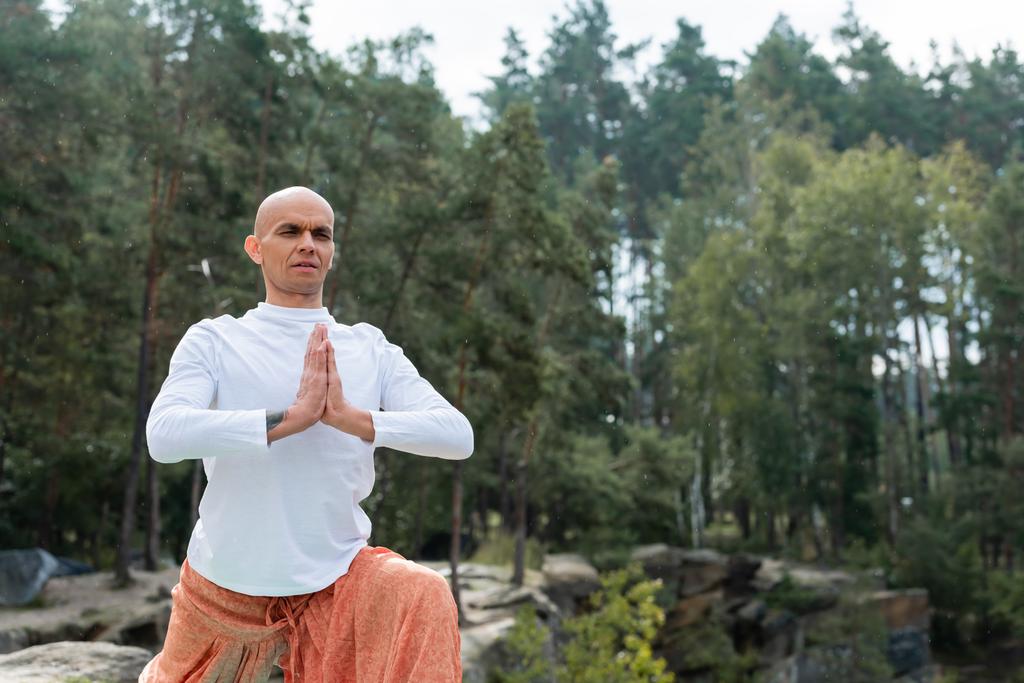 буддист в білому светрі, роздумуючи в лісі
 - Фото, зображення