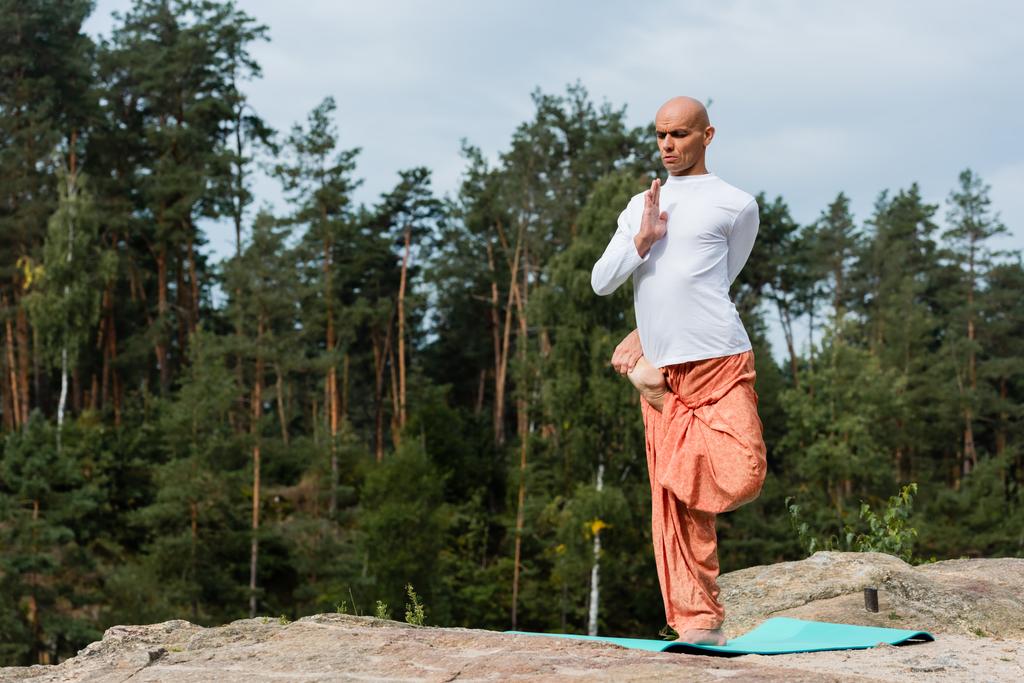 1本足の木のポーズでヨガを練習する仏教徒の完全な長距離ビュー屋外 - 写真・画像