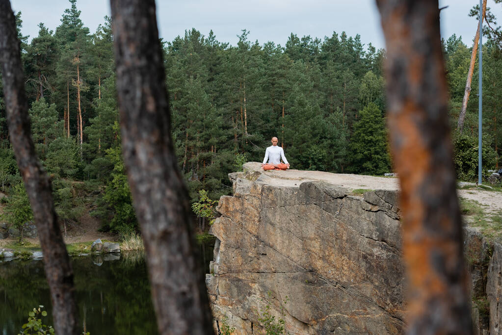 Nilüferde meditasyon yapan Budist nehir kıyısındaki kayalık kayalıklarda poz veriyor. - Fotoğraf, Görsel