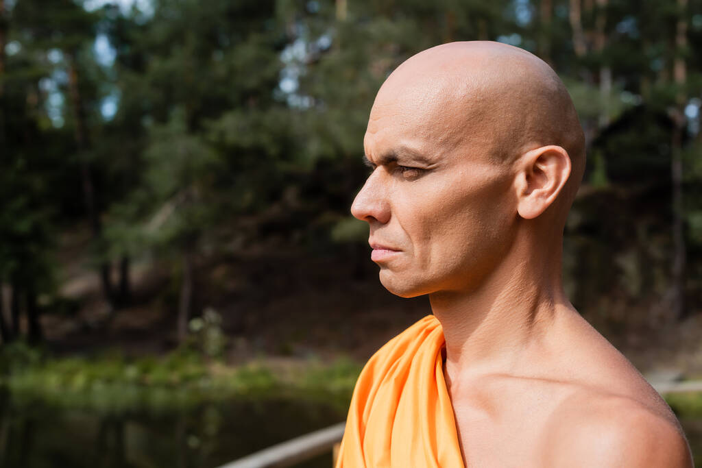 портрет буддиста в помаранчевій касі, який дивиться на відкритому повітрі
 - Фото, зображення