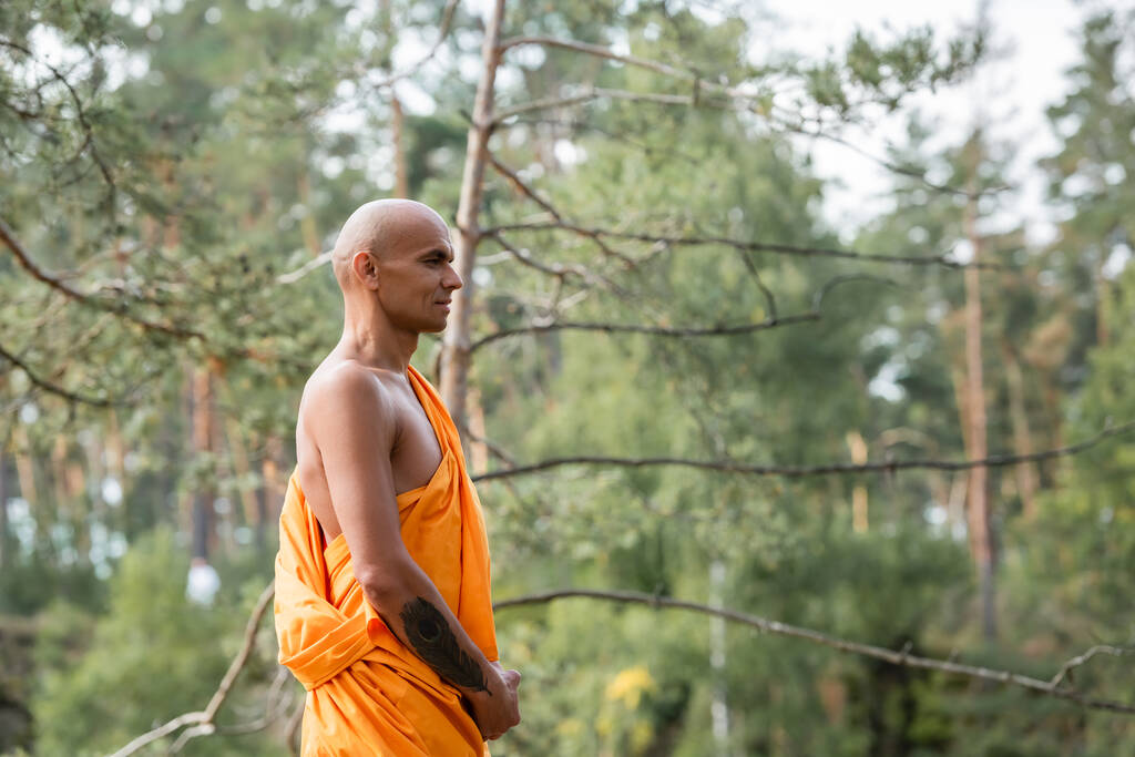 zijaanzicht van getatoeëerde man in traditioneel boeddhistisch gewaad mediteren in het bos - Foto, afbeelding