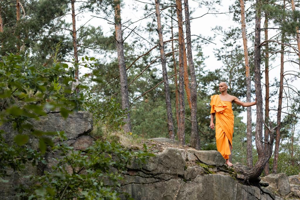 plný pohled na buddhistu v oranžovém rouše kráčejícím po skalnatém útesu v lese - Fotografie, Obrázek