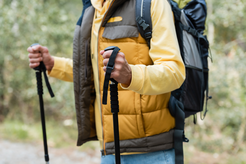 vista parziale del turista che indossa gilet caldo e in piedi con bastoni da trekking all'aperto - Foto, immagini