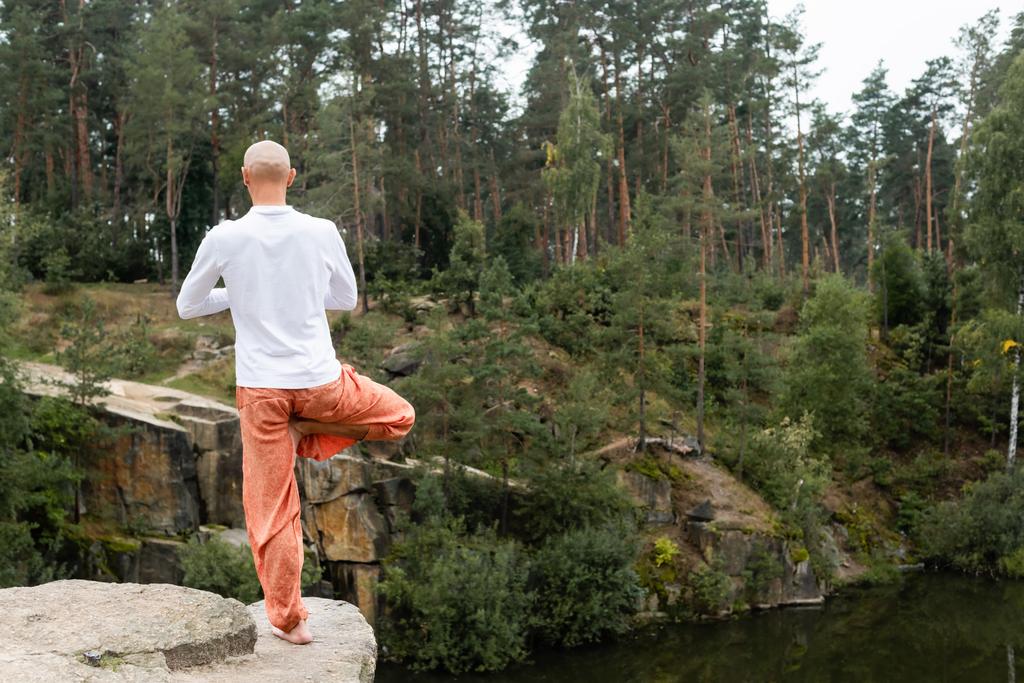 вид ззаду буддиста в білому светрі, роздумуючи в одній позі на дереві на скелі над озером
 - Фото, зображення