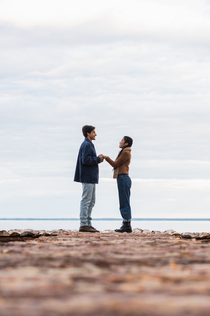 Вид збоку усміхненої міжрасової пари тримає руки на пірсі біля моря
  - Фото, зображення