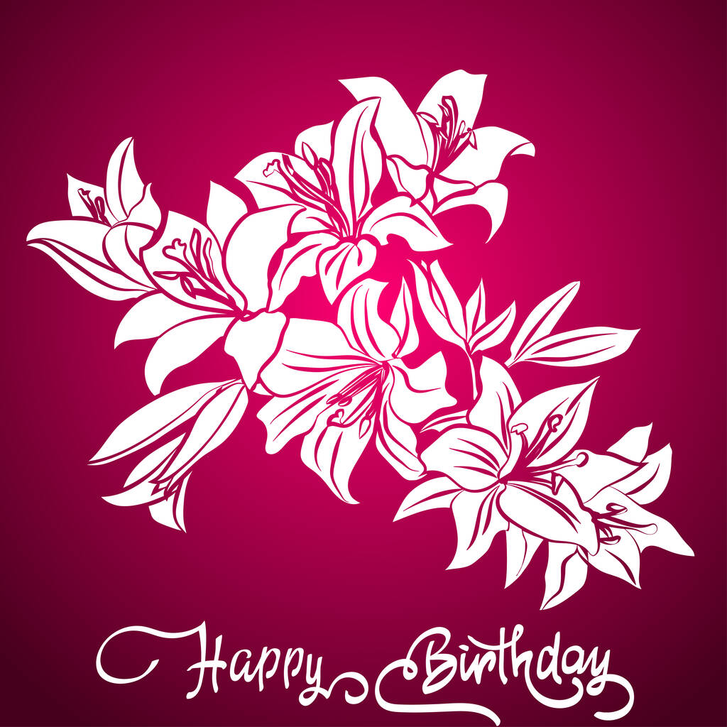 Hyvää syntymäpäivää kirjaimet ja lilja violetti tausta - Vektori, kuva