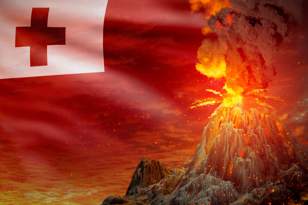 トンガの旗を背景に爆発する夜の円錐火山噴火 噴火の問題と火山地震の概念的な3dイラスト自然 ロイヤリティフリー写真 画像素材