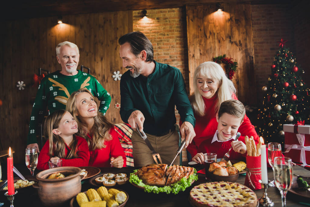 Φωτογραφία πορτρέτο της οικογένειας γιορτάζει Χριστούγεννα μαζί πατέρα κοπή εορταστική πιάτο - Φωτογραφία, εικόνα