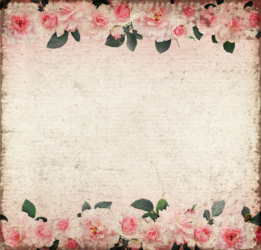 Różowe kwiaty róży i liście w kompozycji linii na starym papierze tle - Zdjęcie, obraz