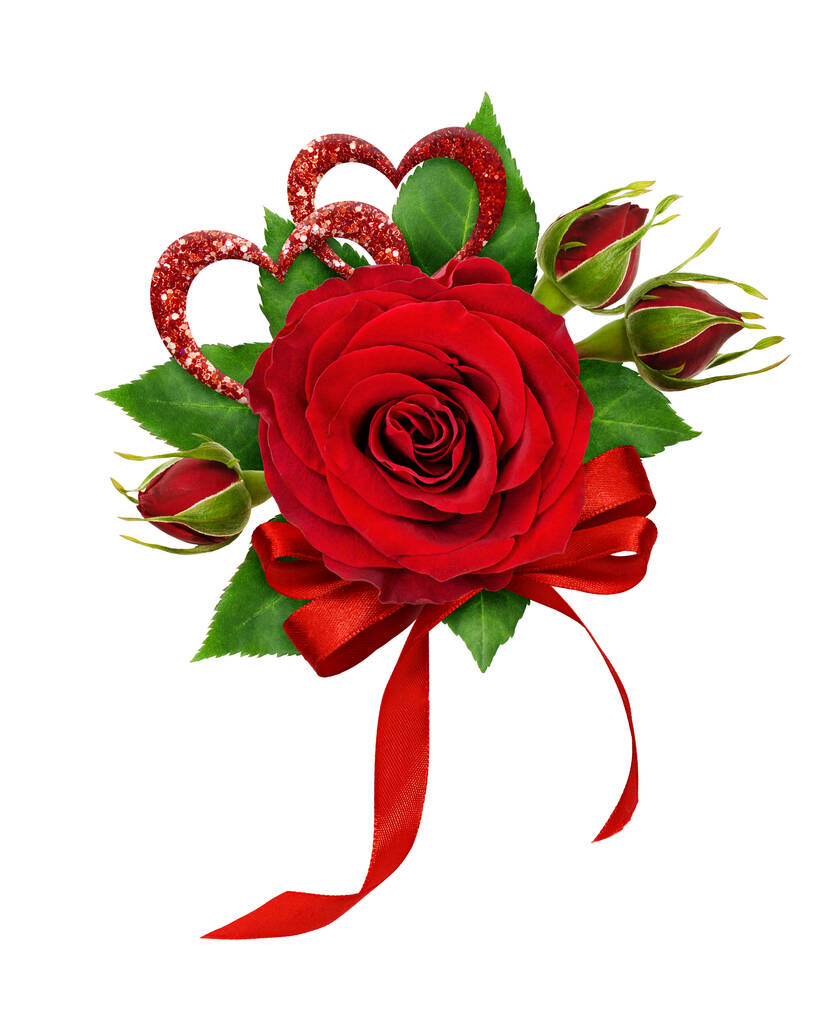 Juhlava järjestely Ystävänpäivä punainen ruusu kukka, kimallus sydämet ja silkkinauha keula eristetty valkoisella pohjalla. Litteä pano. Yläkuva. - Valokuva, kuva