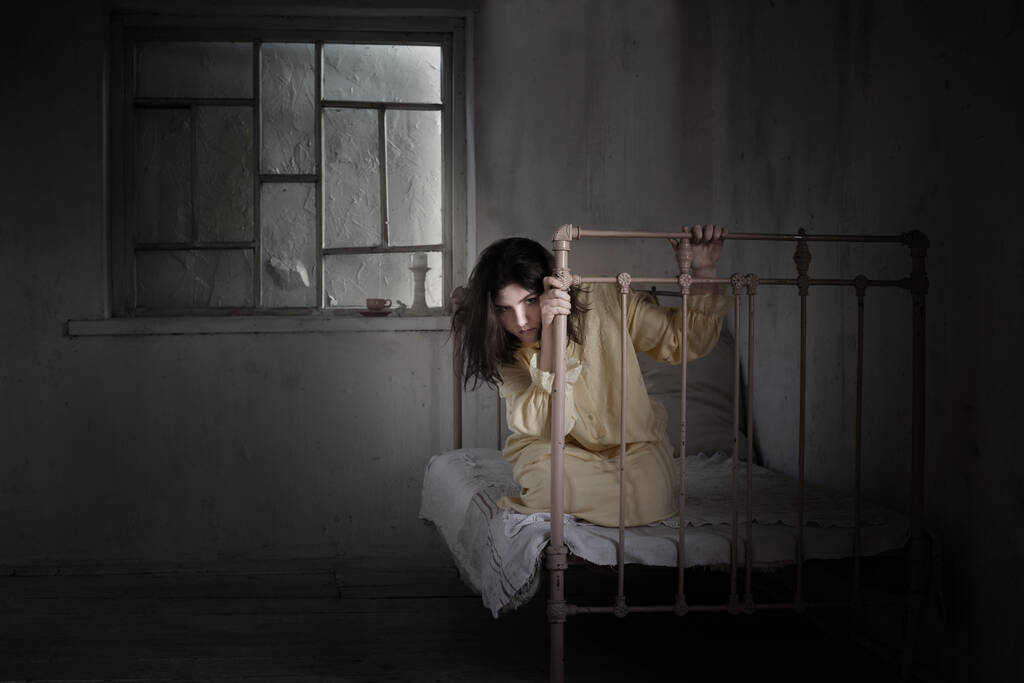 teenage girl in  scary locked room, kidnapping, horror movie - Photo, Image