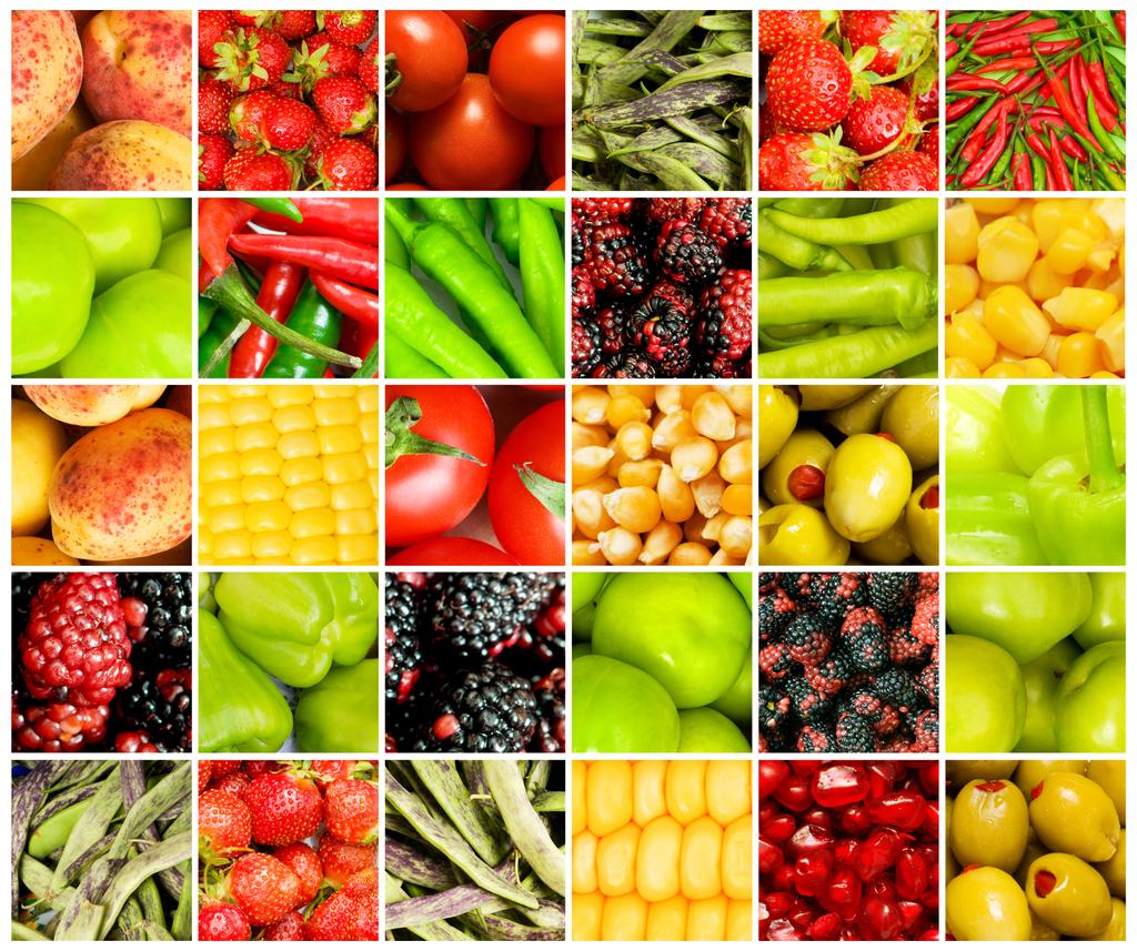 Kollaasi monia erilaisia hedelmiä ja vihanneksia
 - Valokuva, kuva