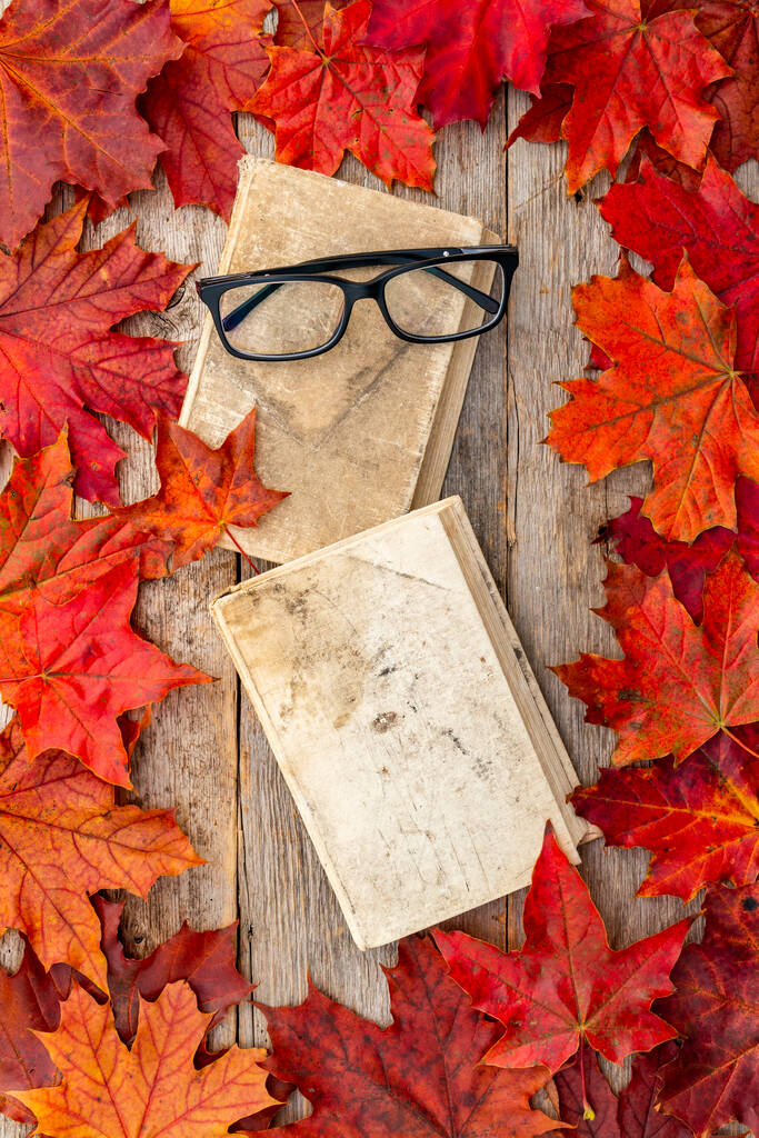 Old books, glasses and dry leaves on wooden table. Reading, literature, poetry, library and autumn fall concept photo. - Photo, Image