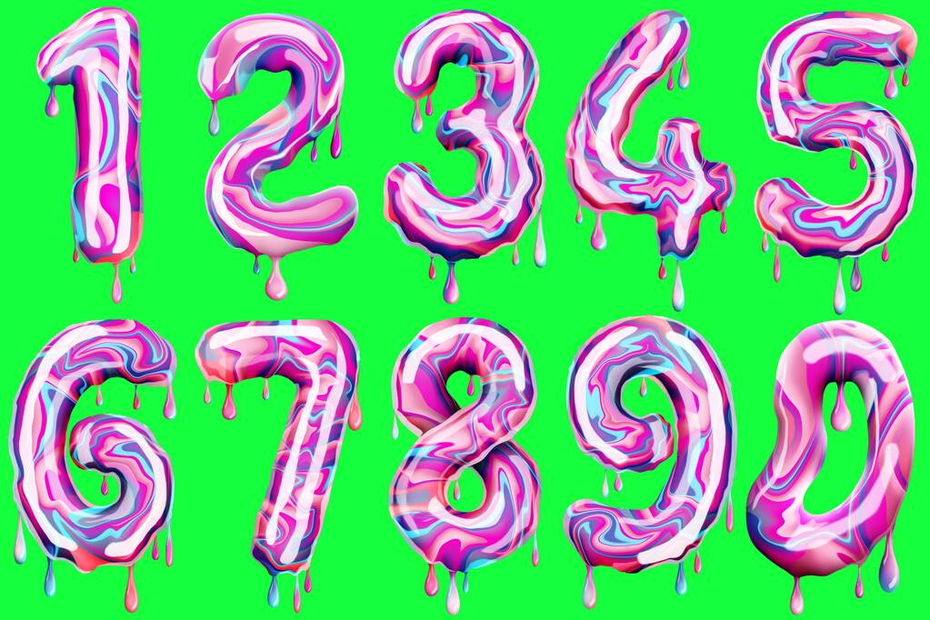Zahlensatz in Form eines süßen Kaffees, schmelzen. Köstliche Zahl isoliert auf grünem Hintergrund, Konzeptschrift, Satz von zehn Zahlen. 3D illustration, 3D rendering - Foto, Bild