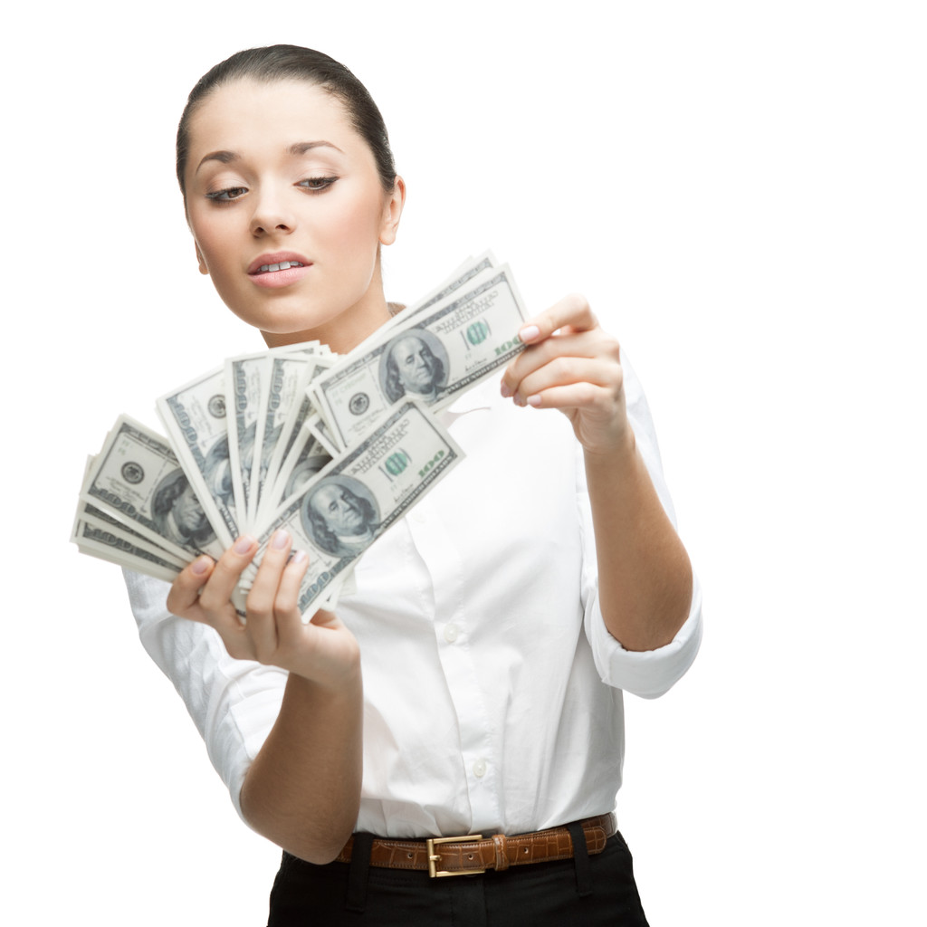 Giovane donna d'affari allegra in possesso di denaro
 - Foto, immagini