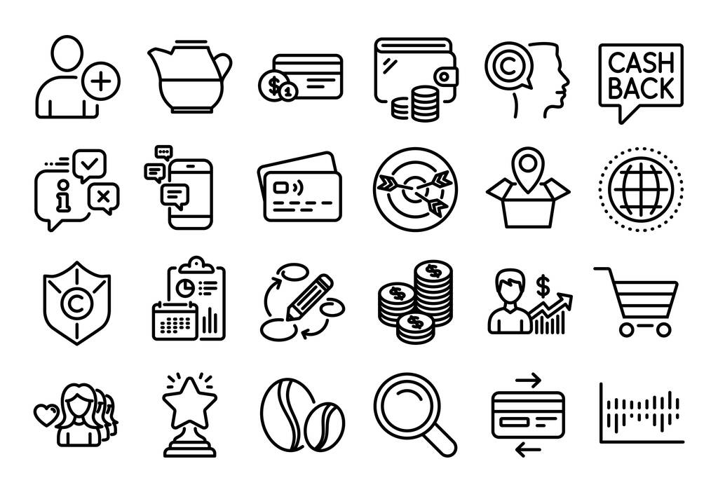 Vector set of Communication, Search and Business growth line icons set. Calendar report, Money wallet and Credit card tag. Globe, Copyright protection and Keywords icons. Vector - Vector, Image