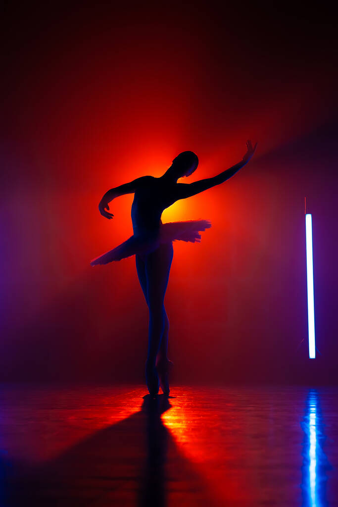 オレンジ色のスポットライトを背景にトゥチュの演劇ダンサーのシルエット。古典舞踊の要素を踊る女性バレリーナ。動きの明るさ、女性らしさ、プロ意識 - 写真・画像