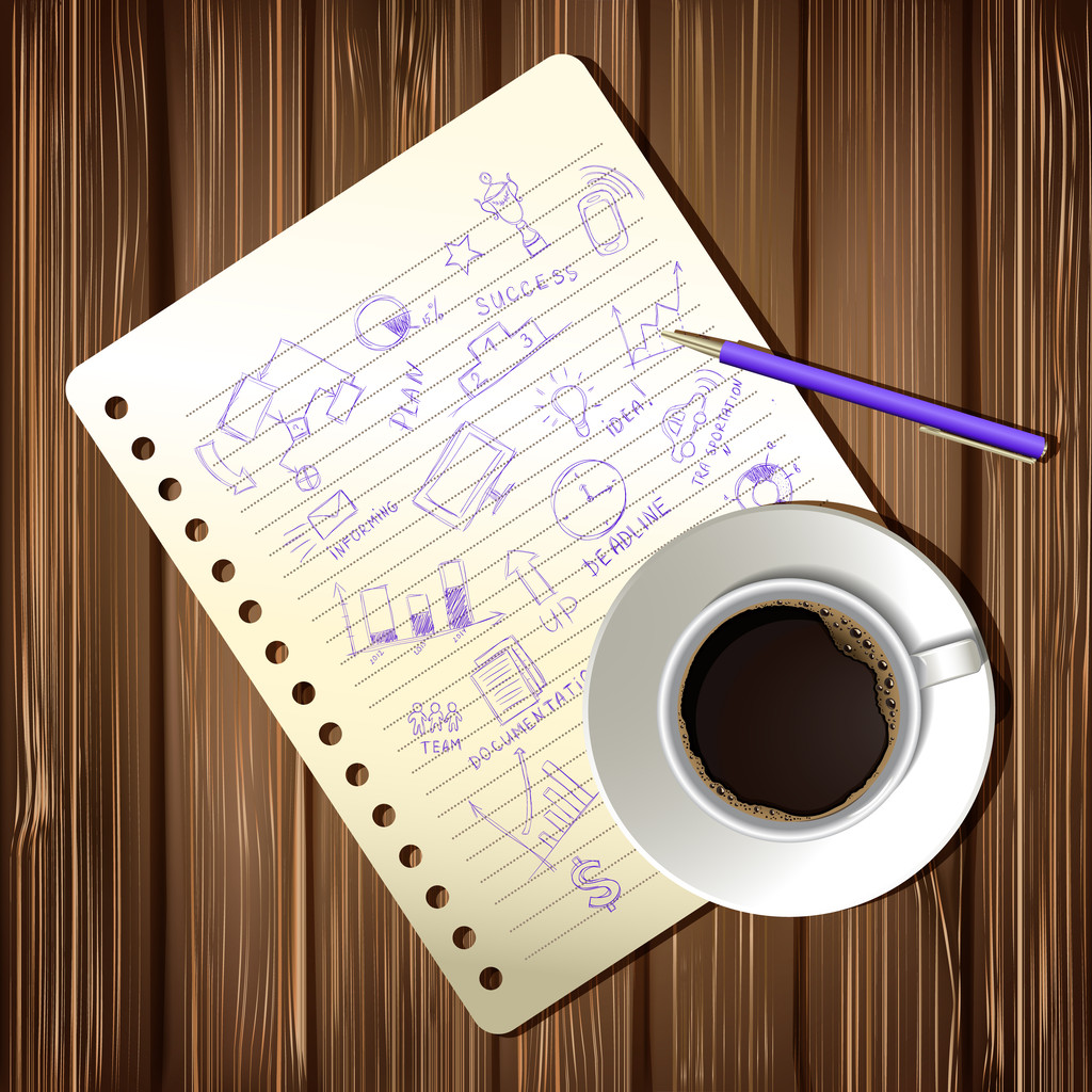 kahve fincanı ve iş stratejisi çizim planı - Vektör, Görsel