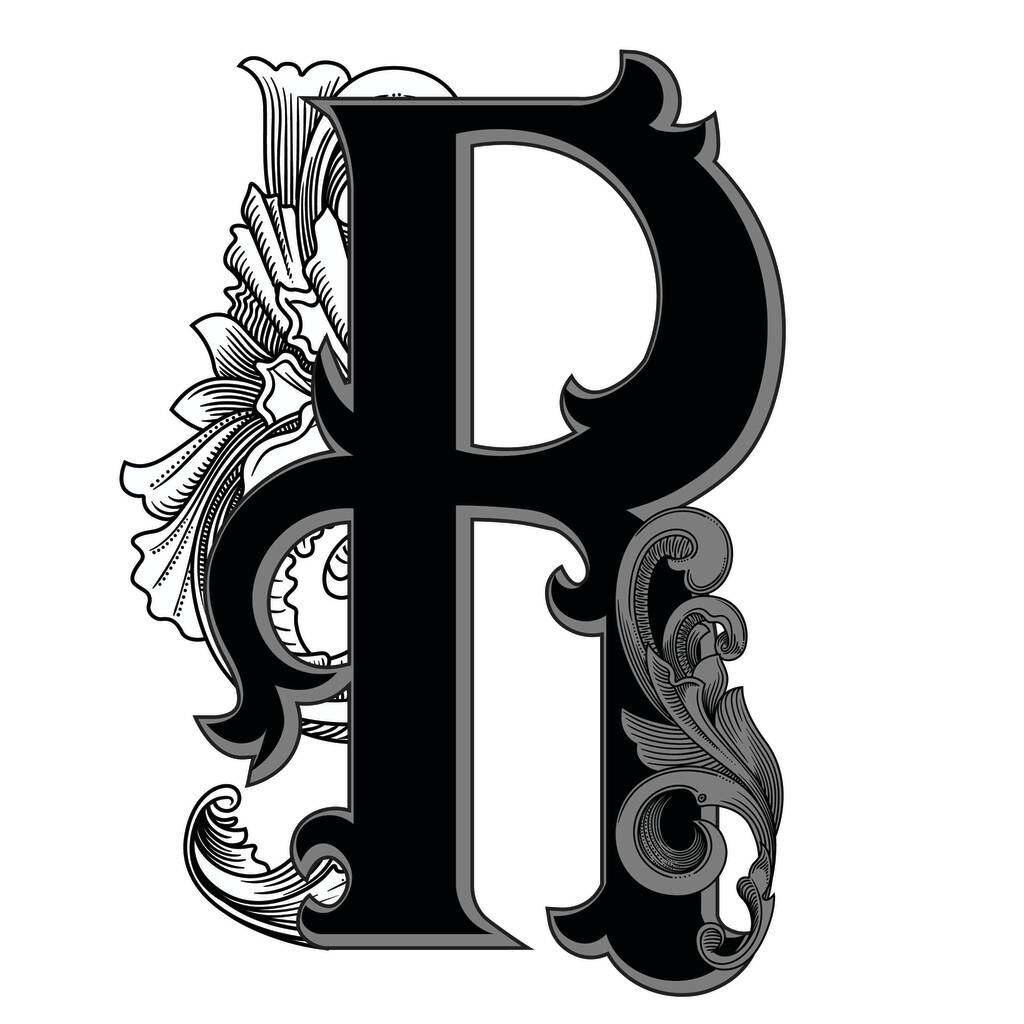 Векторні ілюстрації верхньої літери з прикрасами ізольовані на білому тлі. Елегантна старовинна літера R з бароковим орнаментом. Елегантний чорний великий лист для використання монограм, логотипів, емблем
 - Вектор, зображення