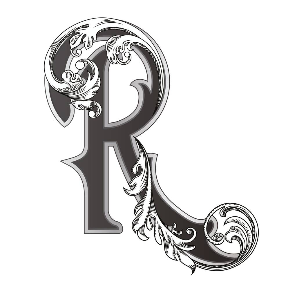 Векторні ілюстрації верхньої літери з прикрасами ізольовані на білому тлі. Елегантна старовинна літера R з бароковим орнаментом. Елегантний чорний великий лист для використання монограм, логотипів, емблем
 - Вектор, зображення
