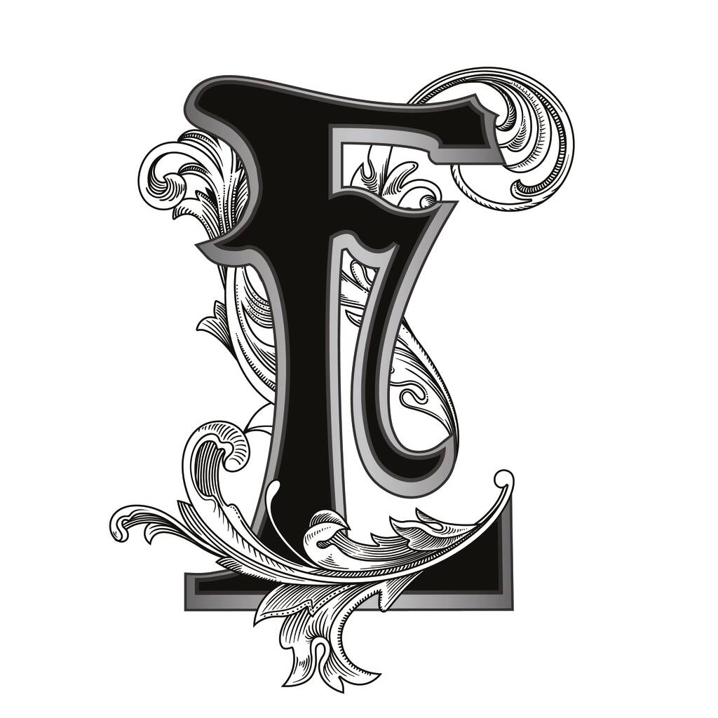 Illustrazione vettoriale della lettera maiuscola con decorazioni isolate su sfondo bianco.Elegante lettera antica e con ornamenti barocchi. Elegante lettera maiuscola nera per utilizzare monogrammi, loghi, emblemi - Vettoriali, immagini