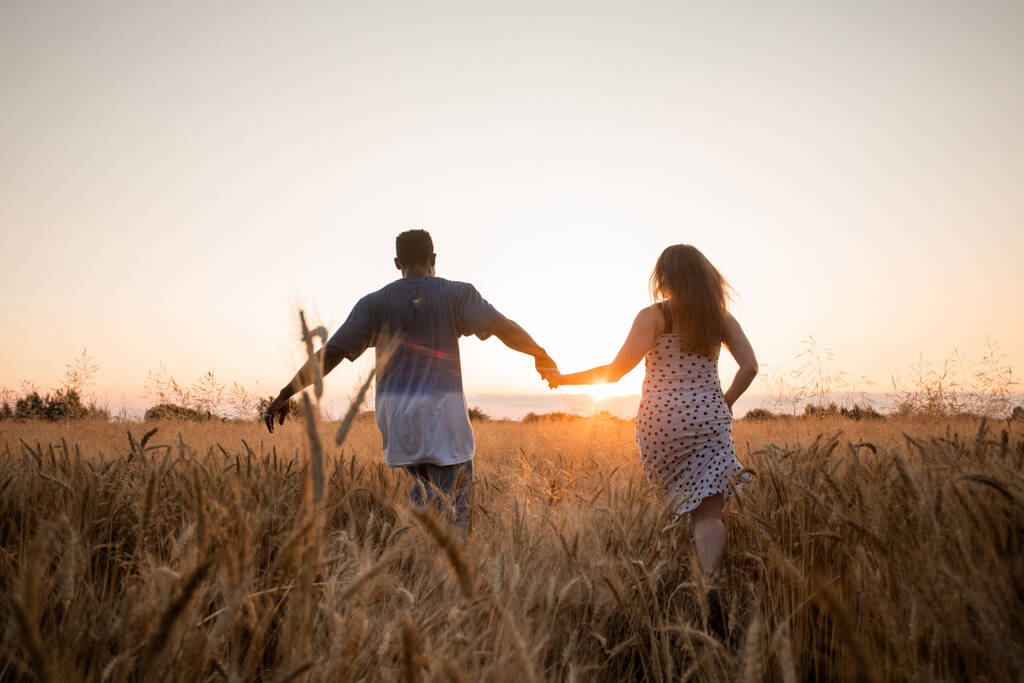 Jeune couple adulte tenant la main tout en marchant dans le champ - Photo, image