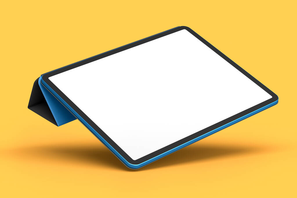 Niebieski komputer z klawiaturą i pusty ekran odizolowany na pomarańczowym tle. Koncepcja renderowania 3D kreatywnego designerskiego sprzętu i kompaktowej przestrzeni roboczej - Zdjęcie, obraz
