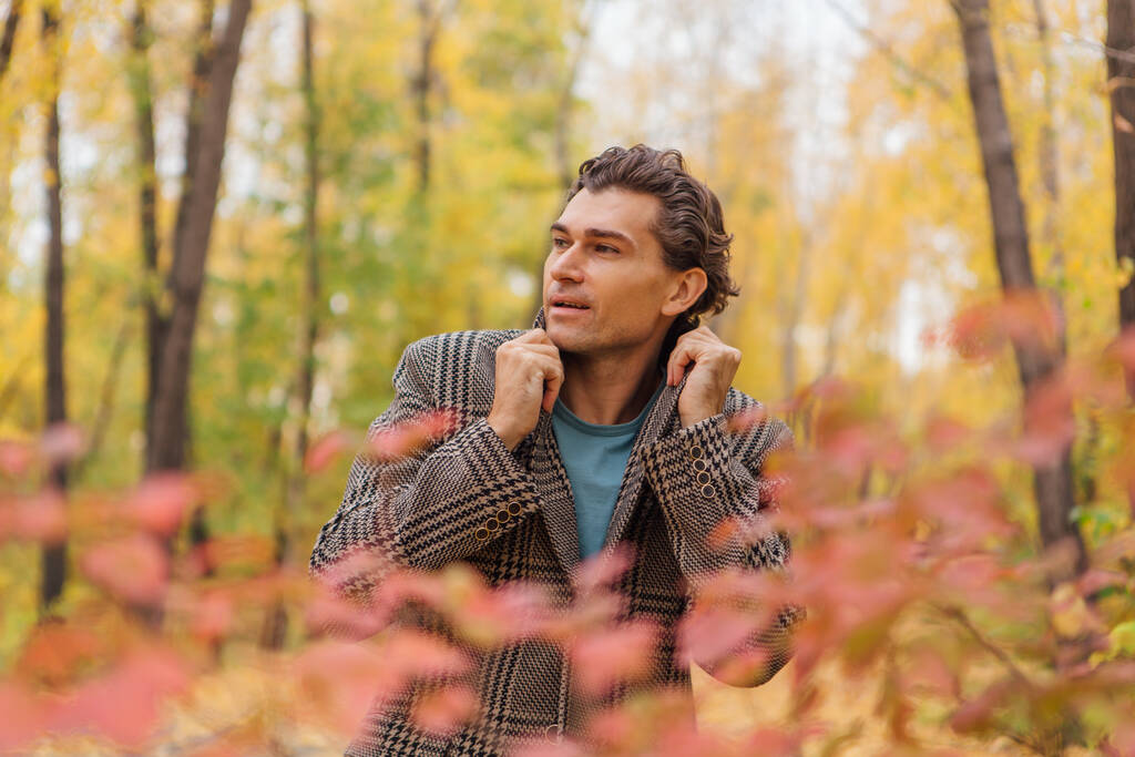 Ψηλός όμορφος άντρας ντυμένος με καφέ μπουφάν περπατώντας στο φθινοπωρινό σοκάκι και ποζάροντας κοντά στο θάμνο με κόκκινα φύλλα. - Φωτογραφία, εικόνα