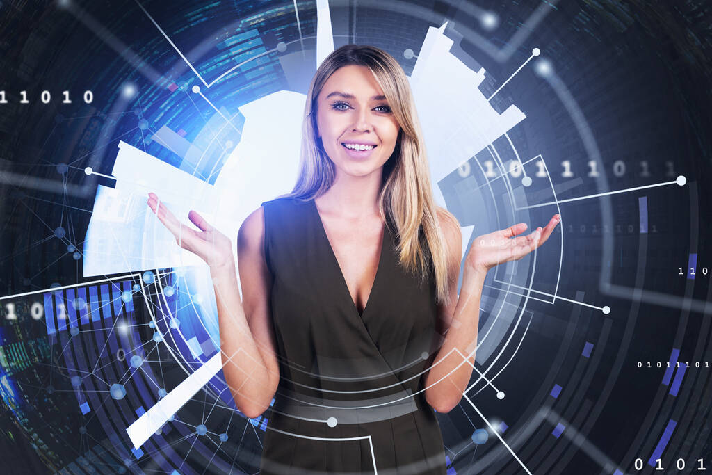 Attractive blonde business woman does not know how to protect clients confidential information. Hologram interface of digital data dots and connections. - Photo, Image