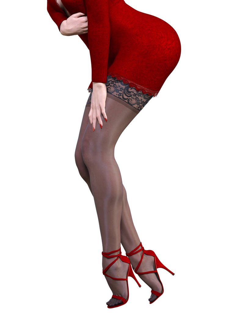Όμορφη γυναίκα κόκκινο σύντομο βράδυ μίνι φόρεμα μαύρο stockings.Summer συλλογή ρούχων.Γυναίκα στούντιο φωτογραφία. εννοιολογική τέχνη της μόδας.Θηλυκό μοιραίο.3D Render. - Φωτογραφία, εικόνα