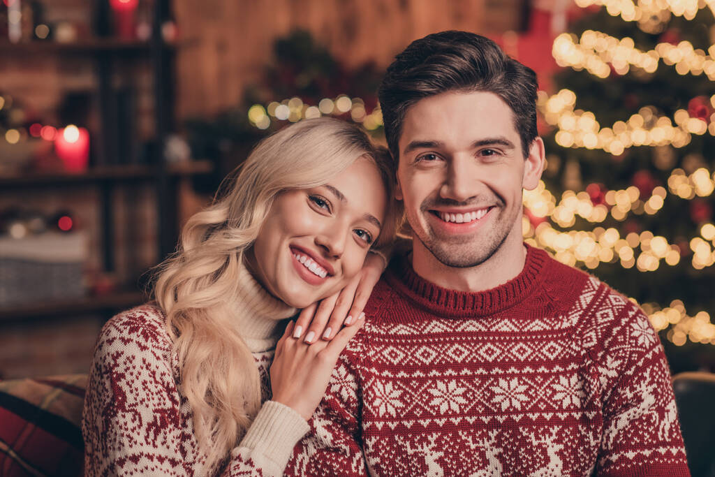 Zdjęcie marzycielski uroczy młody żona mąż nosić druk swetry uśmiechając się obejmując korzystających noel czas w domu dom pokój - Zdjęcie, obraz