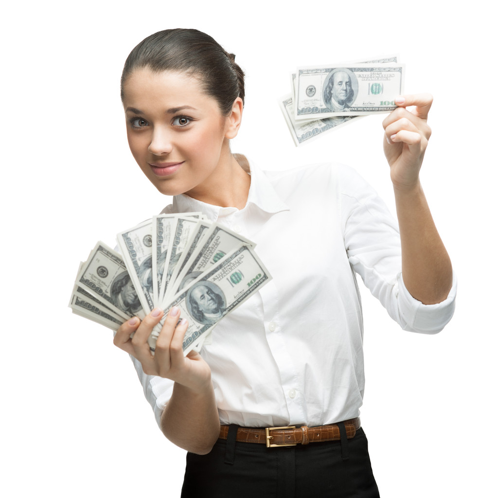 Молода весела бізнес-леді тримає гроші
 - Фото, зображення