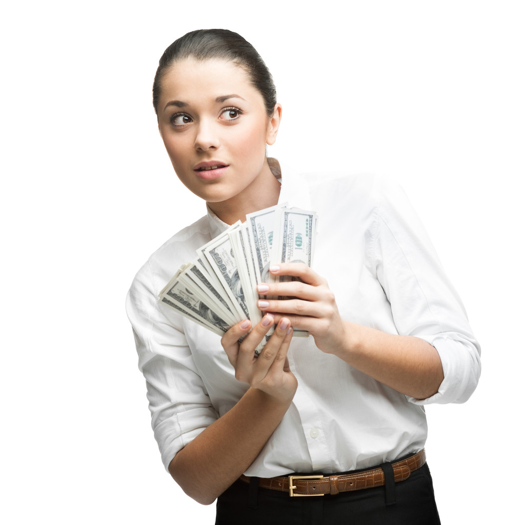 thoughtful businesswoman holding money - Photo, Image