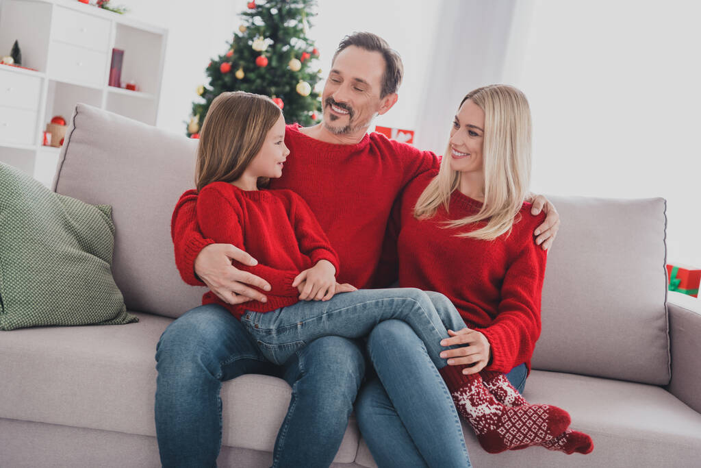 Ritratto di attraente allegro marito moglie di famiglia seduto sul divano trascorrere vacanze festive nuovo anno a casa luce all'interno - Foto, immagini