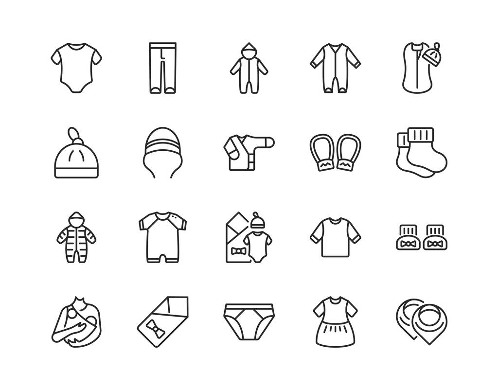 Conjunto de ícones de linha plana de roupas de bebê. Ilustração vetorial vestuário infantil, bodysuit, romper, guardanapo, botas. Acidente vascular cerebral editável - Vetor, Imagem
