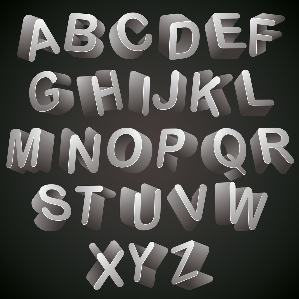 3d-Schrift, monochromes Alphabet, Buchstaben sehen am besten auf dunklem Hintergrund aus - Vektor, Bild