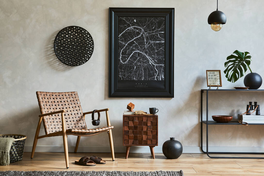 Stylish composition of elegant masculine living room interior with mock up poster frame, brown armchair, industrial geometric shelf and personal accessories. Template. - Photo, Image